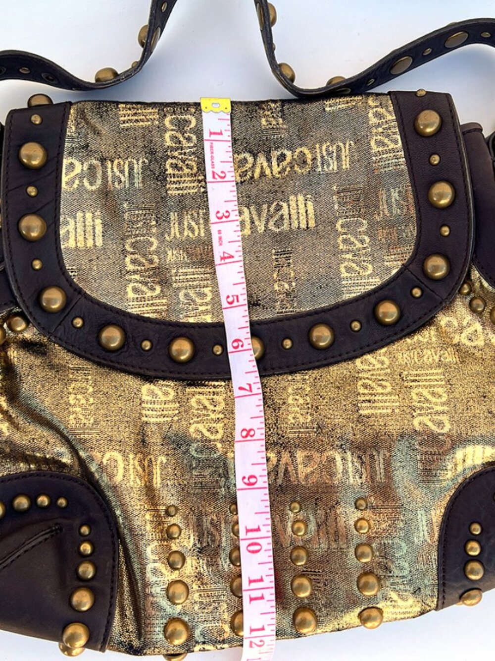 MINT CONDITION AUTHENTIC JUST CAVALLI GOLD BROCADE STUDS HOBO SHOULDER BAG - Picture 9 of 14